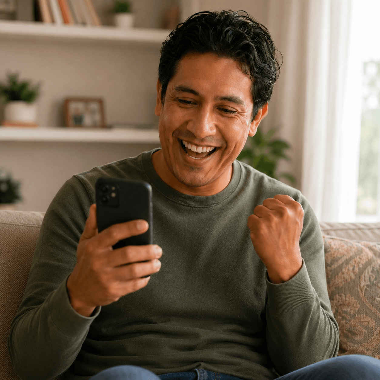 Person celebrating a successful money transfer on their phone
